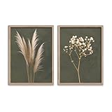 STYLER Bilder Set Boho 2x 30x40 cm (AUFHÄNGFERTIG) mit hochwertigem Rahmen – Natürliche Schönheit für Ihr Zuhause – Grün Oliv Beige Minimalistisch Pampas Gras