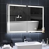 DICTAC Spiegelschrank Bad mit LED Beleuchtung und Steckdose Doppelspiegel 80x13.5x60cm Metall mit Ablage,Badschrank mit Spiegel,3 Farbtemperatur dimmbare,Berührung Sensorschalter,Weiß