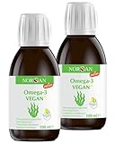 NORSAN Premium Omega 3 Vegan hochdosiert 2er Pack (2x 100ml) / 2000mg , Tagesdosierung/Algenöl reich an EPA & DHA 800 IE Vitamin D3 / 100% veganes Öl nachhaltige Kultivierung