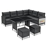 Juskys Polyrattan Lounge Manacor mit Ecksofa, Esstisch, 2 Hocker & Kissen - wetterfest bis 7 Personen - Bezüge waschbar - Rattan Garten Sitzgruppe Gartenlounge Gartenmöbel Set - Schwarz/Grau