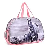 Mädchen Kinder Sporttasche Reisetasche mit tollem Pferde Motiv (KO20) für Mädchen, rose/grau, 40 x 25 x 13 cm