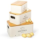 Theo&Cleo Kartoffel Aufbewahrungsbox, Vorratsdose 3er Set, Küche Aufbewahrung für Kartoffeln, Zwiebeln & Knoblauch, Hält länger frisch (Matt Beige)