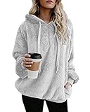 Damen Pullover Teddy Hoodie Warm Teddy-Fleece Kapuzenpullover Oversize Sweatshirt Langarm Lose Winter Pulli Tops Oberteile mit Tasche (Grau, M)