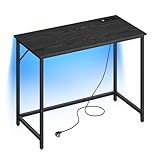 VASAGLE Schreibtisch, Gaming-Tisch mit LED-Beleuchtung, Steckdosenleiste, Computertisch, 50 x 100 x 76, platzsparend, für Arbeitszimmer, Homeoffice, ebenholzschwarz-tintenschwarz LWD141B82