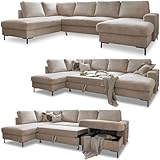 Cord Sofa U Form mit Schlaffunktion - Ecksofa mit Schlaffunktion und Bettkasten, Wohnlandschaft U Form, XXL Couch U Form, Big Sofa XXL, Eckcouch mit Schlaffunktion und Bettkasten, Ecksofa Beige Links