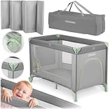 Ricokids Reisebett Baby Mit Matratze 125 x 65 x 78 cm Kinderreisebett Babybett Bis 15 kg 2 Räder Mit Bremsen Abnehmbarer Seiteneingang Transporttasche Faltbar Kompakt Hellgrau Lavendel