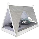 Homestyle4u 1847, Kinderbett 90x200 Weiß Grau Sterne Hausbett Tipi Bett für Kinder Holzbett mit Lattenrost Holz