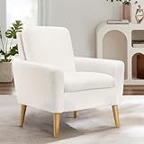 Dazone Sessel Wohnzimmer Einzelsofa Loungesessel modern Relaxsessel mit Holzbeinen, Weißer Teddy Stoff, für Wohnzimmer/Schlafzimmer, Weiß
