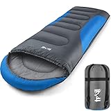 Trail-Alpin-Schlafsack mit Kapuze – 250 g Schlafsack, 3-Jahreszeiten- Schlafsack. Leicht, kleines Packmaß – mit Kapuze und Kompressionssack (Blau)