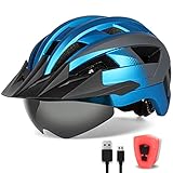 FUNWICT Fahrradhelm mit Visier für Herren Damen, Leichte Fahrradhelm mit Magnetischem Brille und USB-Aufladung LED Licht, Stylisch Mountainbike Helm (M: 54-58 cm, Blau Grau)