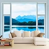 DAXONA Weißes Falsches Fenster 3D-Tapete 450Wx300Hcm, Seen Und Berge Wandbild Für Wohnzimmer, Seiden-Wandbilder Schlafzimmer Restaurant Sofa Tv-Hintergrund Wandtapete