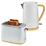 KHG Wasserkocher und Toaster Set 2-teilig | 2.200 & 800 Watt | Frühstücksset mit Kapazität 1,7 Liter Volumen & 2 Scheiben Toast | Küchenset mit Kalkfilter & Krümelfach - Weiß mit Holzoptik