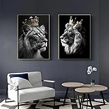 Löwe und Löwin mit Krone Leinwand Bilder,Schwarz Gold Tier Poster Dekoration,Afrika Löwin Kunst Drucke für Schlafzimmer bild Wohnkultur Dekor Kein Rahmen (Löwe A, 50x70cm*2)