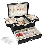 Schmuckkasten, Schmuckkästchen mit Schubladen für Damen Mädchen, PU-Leder Jewelry Box Schmuckbox Schmuckschatulle Groß Schmuck Organizer für Ringe Ohrringe Armbänder Halsketten, Schwarz