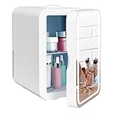 YU YUSING Mini Kühlschrank mit LED Spiegel 8 Liter, Kosmetik Kühlschrank mit LED Licht Make-Up Spiegel, 12V/220V Retro Klein Skincare Fridge Kühl/Heizfunktion für Autos Büros Schlafzimmer Schlafsäle