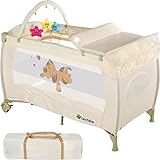 tectake® 800032 Kinder Reisebett höhenverstellbar mit Wickelauflage und Transporttasche, 132 x 75 x 104 cm - Diverse Farben - (Beige | Nr. 400467)