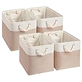 Mangata Aufbewahrungsbox,(33x38x33cm) Aufbewahrungskorb Stoff, Box in Würfel für Schrank, Regal, und Kleidung(Helles Khaki/weiß, 4er Pack)