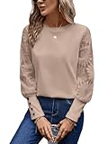 GORGLITTER Damen Spitzen Oberteil Rundhals Langarmshirt Langarm Shirts Elegant Top mit Spitzenkontrast Aprikosenfarben XL