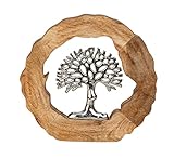 Lifestyle & More Moderne Skulptur Dekofigur Lebensbaum im Kreis aus Aluminium auf Sockel aus Holz Silber/braun D 26 cm