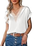 Zeagoo Sommer Damen T-Shirt Elegant Bluse Satin Hemd V-Ausschnitt Tunika Shirt Einfarbig Blusenshirt Sommer Büroblusen Lässige Oberteile Weiß XXL