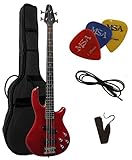 ELEKTROBASS - ROT TRANSPARENT - SET MIT TASCHE PIKS GURT KABEL - E-BASS MASSIVHOLZKÖRPER - VISION SOUND GITARRE - LONG SCALE JB10RT