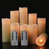 LED Kerzen, Flammenlose Kerzen Set von 9,Batteriebetrieben Kerzen Flackern, D5,5cmxH10/12,5/15/17,5/20/22,8cm, Echtwachs-Stumpenkerzen mit Fernbedienung und 24-Stunden Timerfunktion (Elfenbein)