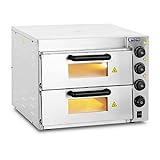 Royal Catering RCPO-3000-2PS-1 Pizzaofen elektrisch 2 Kammern Pizzabackofen Pizza Ofen Schamotte Schamotteboden (3000W, 2 Schamotte-Steinböden: 40 x 40 x 1,5 cm, Timer bis 120 min, Edelstahl)