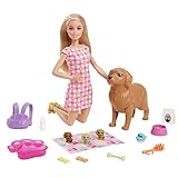 Barbie Newborn Pups Playset, Puppe mit blonden Haaren, Hundeset, inkl. 3 Welpen, 10 Accessoires, Farbwechseleffekte, inkl Puppe, Geschenk für Kinder ab 3 Jahren,HCK75