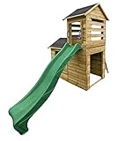 Spielhaus Kinder Outdoor Holzhaus 118 x 248 cm - Gartenhaus Kinder Spielturm mit Rutsche - Spielhäuser aus Naturmaterial - Garten Spielhaus Modularer Aufbau (Dunkelgrüne Rutsche)