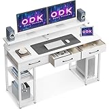 ODK Schreibtisch Weiß, Schreibtisch mit 3 Schubladen, Computertisch mit Regal, 120x50x90cm Bürotisch mit Monitorständer, PC-Tisch Gaming Tisch für Home Office, Büro, Wohnzimmer