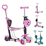 Arebos 3-in-1 Kinderroller mit Rückenlehne für Jungen & Mädchen | Cityroller Tretroller Scooter höhenverstellbarer Lenker & Sitz | LED-XXL Räder Tritt-Bremse | bis 50 kg belastbarer Roller | Pink