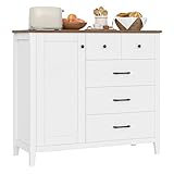 HOCSOK Sideboard, Küchenschrank mit 5 Schubladen und 1 Tür, Buffetschrank mit Arbeitsplatte für Küche, Esszimmer, Wohnzimmer, Flur, Holz, Weiß & Braun