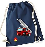 minimutz Zuzieh Turnbeutel für Kinder | Motiv Feuerwehr mit Leiter & Flamme | Schuhbeutel Sportbeutel zum Zuziehen für Jungen | Stoffbeutel mit Kordel (dunkelblau)