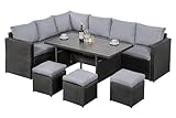 MeXo Polyrattan Gartenmöbel-Set Garten Essgruppe mit Ecksofa, WPC Esstisch, 3 Hocker, Kissen - Gartenlounge wetterfest bis 10 Personen