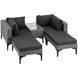 tectake® Outdoor Rattan Lounge, 5-teiliges Gartenmöbel Sofa Set, frei kombinierbar, mit Ecksessel, Hocker, Tisch, Gartenlounge, inkl Sitz- und Rückenkissen - grau