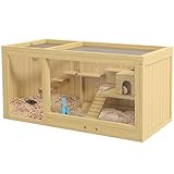 PawHut Hamsterkäfig aus Holz, 100 cm Kleintierstall, Kleintierkäfig Spielhaus für Gerbils Nagerkäfig mit Schaukeln, Leitern, zu öffnendes Dach, Hütte, Natur