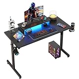 Bestier Gaming Schreibtisch mit LED, PC LED Gamer Tisch mit Monitor Stand, Stabiler Tische mit Kohlefaserbeschichtung, Gaming Computertisch mit Getränkehalter und Kopfhörerhaken, 106 cm (Schwarz)