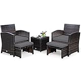 GIANTEX Rattan Gartenmöbel Set, Balkonmöbel Kleiner Balkon, Balkonmöbel Set 2 Sessel mit Hocker, Balkonmöbel Set Balkon 2 Personen, Balkon Möbel Gartenlounge Gartengarnitur Garten Set (Graue Kissen)