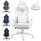 Dowinx Gaming Stuhl, Bürostuhl mit Seidig Glatte Große Räder, Massage Gaming Chair mit Luxuriöser Wildleder-Stoff, 90-165°, Schreibtischstuhl, 150 KG, Weiß