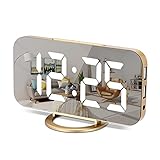 Digitaler,Wecker Am Bett,7 'LED-Spiegel-Wecker, mit 2 USB-Ladeanschlüssen,Schlummermodus,Automatische Helligkeitsanpassung,Einfach Einzurichtende Schreibtischuhr Für Die Home-Office (Gold)