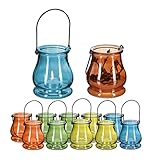 Relaxdays Windlicht, 12er Set, aus Glas, Henkel zum Aufhängen, innen & außen, Teelichthalter, HxD 10x8,5 cm, mehrfarbig