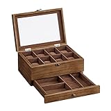 SONGMICS Uhrenbox mit 8 Fächern, Uhrenbox aus Holz, mit Glasdeckel, Innenfutter aus Samt, Schmuckkästchen, rustikale Holzfarbe JOW008K01