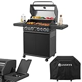 Juskys BBQ Gasgrill Savannah - 4 Brenner und 1 Seitenbrenner - XXL Stahl Gas Grill mit Gusseisen Grillrost, Kochfeld, Unterschrank für Gasflasche