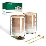 Latte Macchiato Gläser Set (2 x 400ml) Doppelwandige Gläser Doppelwandige Kaffeegläser Teegläser Cappuccino Gläser Eiskaffee Gläser Thermogläser Doppelwandig Espressotassen Glas mit 2 Löffeln