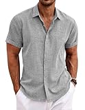 COOFANDY Herren Hemd Kurzarm Sommer Leinen Hemden Regular Fit Strandhemd Grau M