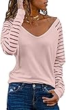 Dokotoo Damen Oberteile Streifen Mesh Langarmshirt Casual V-Ausschnitt Bluse Shirt Tops, rosa, M