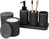 ZCCZ Badezimmer Set – 6 Teile – Badezimmer Organizer mit Zahnbürstenhalter, Seifenspender, Seifenschale, für Kosmetik u. Wattestäbchen – Edle Badezimmer Deko in Marmor-Optik, schwarz