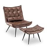 MCombo Sessel mit Hocker, moderner Relaxsessel mit Taillenkissen für Wohnzimmer, Retro Vintage Lesesessel Loungesessel Stuhl Polstersessel,Mikrofaserstoff,4779 (Braun)