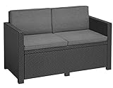 Allibert by Keter Victoria Gartensofa - 2-Sitzer Lounge Sofa in Rattanoptik, Inkl. Sitz- & Rückenkissen, Pflegeleicht, Wetterfest, Grau, 129 x 63 x 77 cm