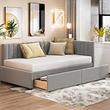 Bett 90x200 Schlafsofa mit bettkasten Polsterbett Einzelbett mit Schubladen Multifunktionsbett mit 2 großen Stauraumschubladen und Lattenrost hautfreundlicher Samtstoff Grau